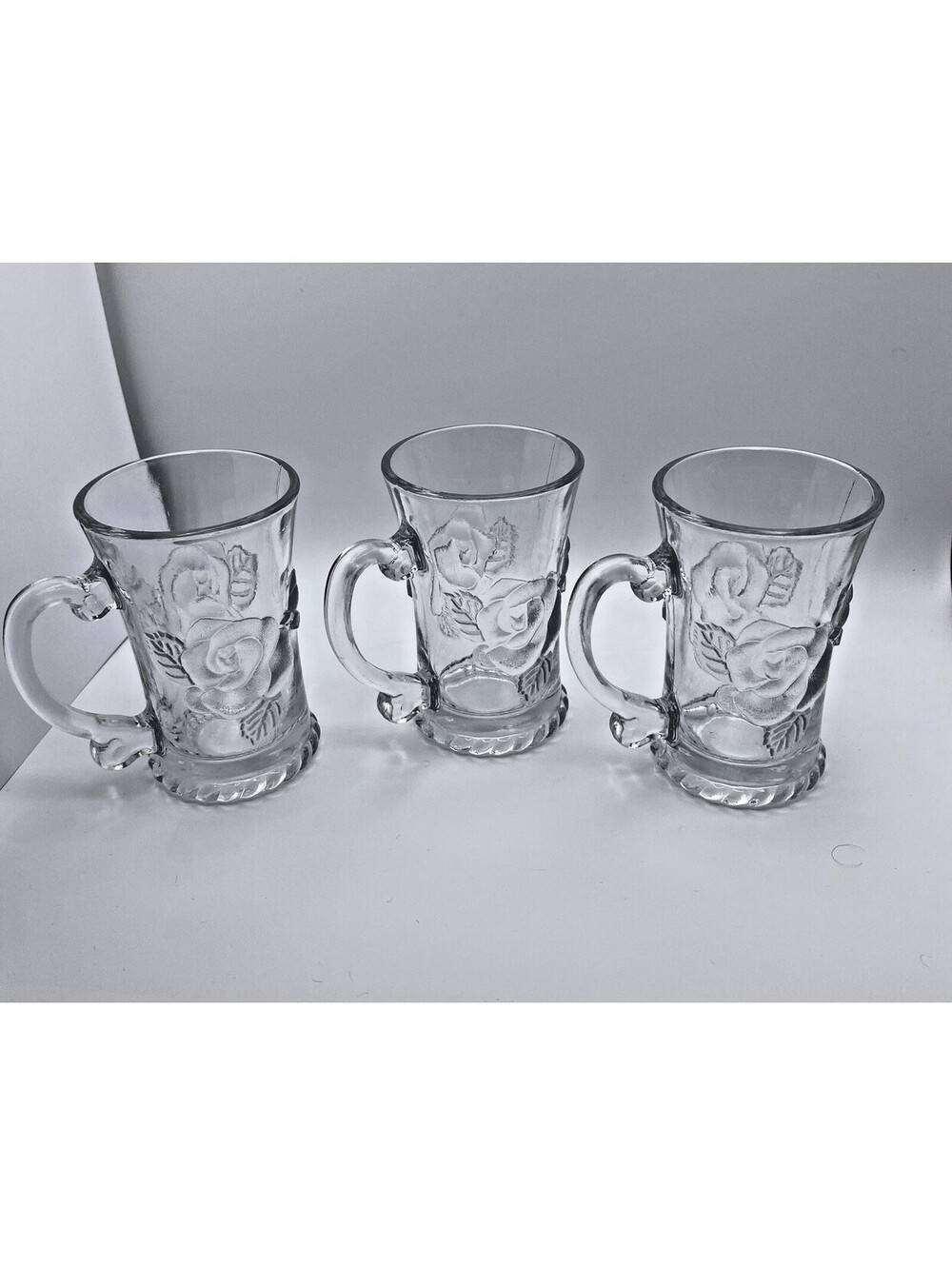3 Vintage KSA Glass 5 oz Cappuccino Mugs Embossed Rose Cottagecore Romantic